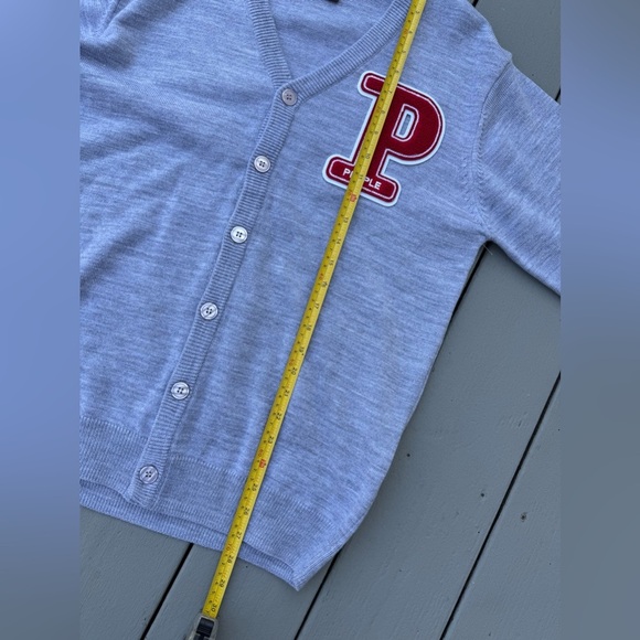 Vintage People Patch Letter Cardigan Gray Button Up Unisex Size Small - Picture 5 of 6